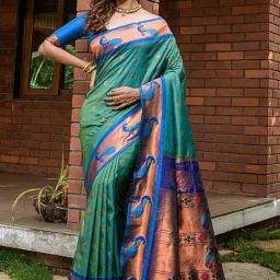 SHUBHKALA Sea Green Silk Woven Saree With Unstitched Blouse-image-26