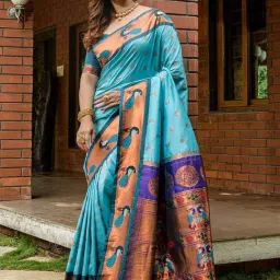 SHUBHKALA Blue Silk Woven Saree With Unstitched Blouse-image-11