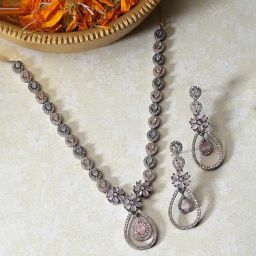 Zeneme Rose Gold Plated Brass AD Jewellery Set-image-97