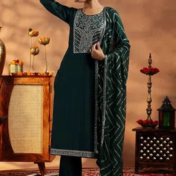 Libas Paisley Embroidered Zari Work Dobby Weave Straight Kurta With Trousers & Dupatta-image-18