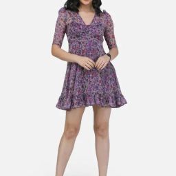 Scorpius Purple Floral Print Fit & Flare Dress-image-47
