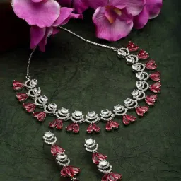 Zeneme Rhodium Plated AD Studded Necklace and Earrings Set-image-80
