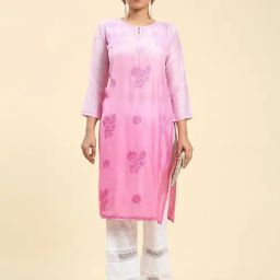 House Of Kari Samma Chikankari Long Kurta Notch Neck in Chanderi Silk for Women - Pink-image-21