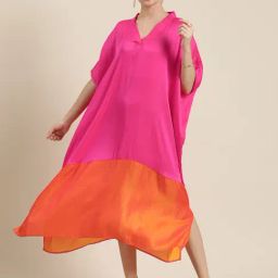 Qurvii Desi Fuchsia & Orange Silk Color-Block Kimono Dress-image-6