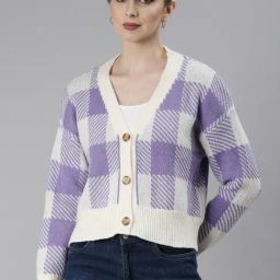 SHOWOFF Purple & White Checks Cardigan-image-54