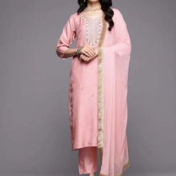 Varanga Pink Embellished Kurta & Pant Set With Dupatta-image-8