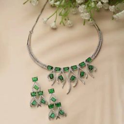 Zeneme Rhodium Plated AD Studded Necklace and Earrings Set-image-20