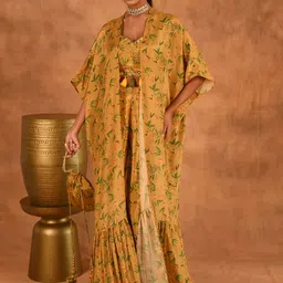 Laalzari Yellow Floral Printed Crop Top Palazzo Cape Set-image-15