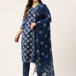 FERANOID Floral Printed Thread Work Pure Cotton Kurta with Trousers & With Dupatta-image-7