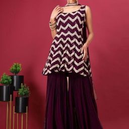 PARROT CREATION Floral Embroidered Sequinned Georgette Kurti With Sharara And Dupatta-9