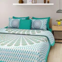 Aura White & Green Ethnic Motifs 144 TC Queen Bedsheet with 2 Pillow Covers-image-95