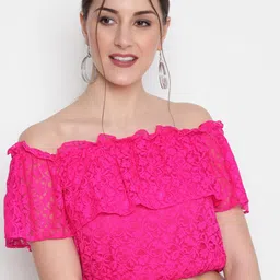 AKIMIA Fuchsia Off-Shoulder Lace Crop Top-32