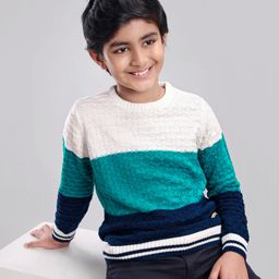 Pine Kids Knit Full Sleeves Medium Winter Pullover Sweater Colour Block - Blue White-picture-14