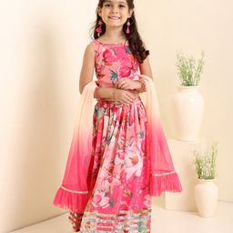 Babyhug Sleeveless Floral Choli & Lehenga With Dupatta Sequin Detailing - Dark Pink-image-25