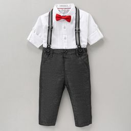 Jash Kids Full Sleeves Solid Color Shirt with Bow and Trouser with Suspender Set - White Grey-image-65