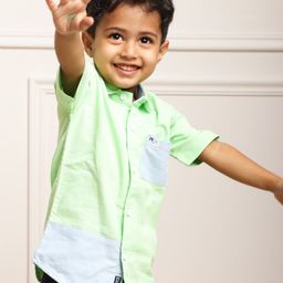 Polka Tots Half Sleeves Dual Color Patch Designed Solid Shirt - Green-image-6