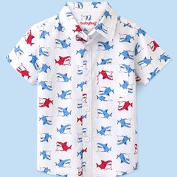 Babyhug 100% Cotton Woven Half Sleeve Regular Collar One Pocket Shark Print Shirt - White-image-63