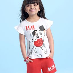 Babyhug Disney Single Jersey Cotton Knit Half Sleeve Frill and Sequins Detailing Top & Shorts Set with 101 Dalmatians Graphics - White & Red-image-4