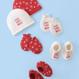 Doodle Poodle Cotton Caps Mittens and Booties Floral & Text Print Pack of 2 Bright White & High Risk Red - Diameter 14.5 cm-image-47