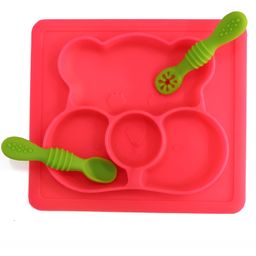 Aditi Toys Square Baby Food Tray, Silicon Food Plate With Multiple Compartments & Two Spoons Silicone Plate For Feeding Baby, Easy To Clean Silicon Plate Microwave & Dishwasher Safe - Pink-21