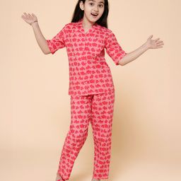 Piccolo Cotton Woven Half Sleeves  Elephant Printed Night Suit - Pink-image-19