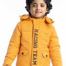 Babyhug Full Sleeves Solid Colour & Text Print Padded Jacket with Detachable Hood - Mustard-image-79