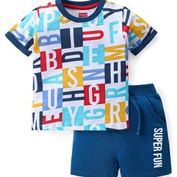 Babyhug Single Jersey Knit Half Sleeves T-Shirt & Short Set with Text Print - Blue & White-image-78