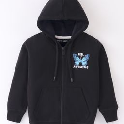 Doreme Terry Full Sleeves Hoodie with Kangaroo Pockets Butterfly Print - Black-image-6