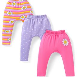 Babyhug Cotton Knit Full Length Diaper Leggings With Floral & Polka Dots Print Pack Of 3 - Pink Yellow & Lilac-picture-16