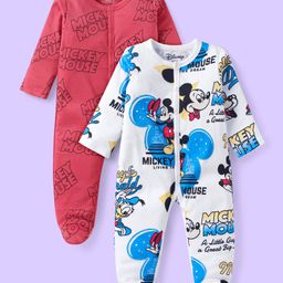 Babyhug Disney Interlock Knit Full Sleeves Footed Sleep Suits With Mickey Mouse Graphics Pack Of 2 - Red & White-image-93