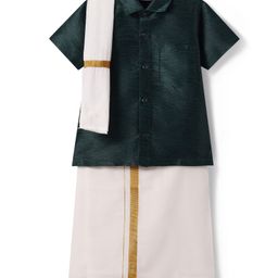 Dapper Dudes Half Sleeves Solid Shirt With Mundu & Angavastram Set - Dark Green-image-30