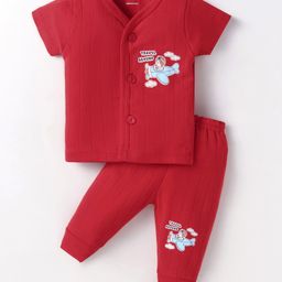 CUCUMBER Cotton Knit Half Sleeves Front Open Night Suit With Airplane Print - Red-image-56
