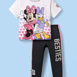 Babyhug Disney Single Jersey Knit Half Sleeves T-Shirt And Lounge Pants Set With Minnie Mouse And Family Graphics - White & Black-image-86