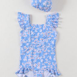 Mark & Mia Frill Sleeves V Cut Swimsuit With Floral Print & Swimming Cap - Light Blue-image-93