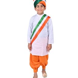 Itsmycostume Cotton Blend Republic Day Theme Full Sleeves Solid Kurta Pyjama With Tricolour Stole Costume Set - White & Orange-image-36