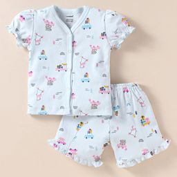 CUCUMBER Sinker Knit Half Sleeves Animal & Vehicle Printed Shorts Night Suit - Light Blue-image-99