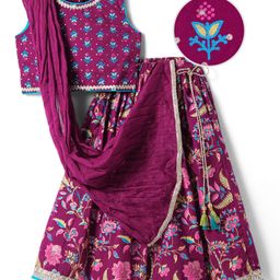 EARTHY TOUCH Cambric Woven Sleeveless Choli LehengaSet With Foil Floral Print & Dupatta - Wine-image-18