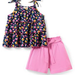 CrayonFlakes Rayon Sleeveless Floral Printed Layered Top With Belted Shorts Set - Navy Blue & Pink-image-1