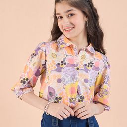 Stylo Bug Three Fourth Sleeves Abstract Printed Shirt Style Top - Multi Colour-image-56