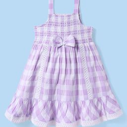 Babyhug Cotton Woven Sleeveless Checks Frock With Bow Applique & Smocked Detailing - Lilac-image-83