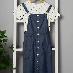 Budding Bees Cotton Solid Dungaree With Half Sleeves Top - White & Blue-image-22