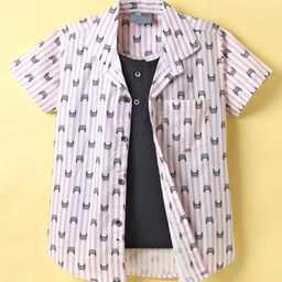 Dapper Dudes Half Sleeves Vehicles Printed Striped Shirt With Attached Tee - Onion Pink-image-84