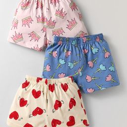 CUCUMBER Sinker Knit Above Knee Length Shorts With Heart & Floral Print Pack of 3 - Blue & Pink-image-24