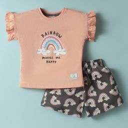 CUCUMBER Sinker Knit Frill Sleeves Shorts Night Suit With Rainbow Print - Peach-image-62