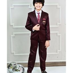 BT DEZINES Satin Full Sleeves Solid 3 Piece Party Suit Set With Polka Dots Printed Tie - Maroon-image-81