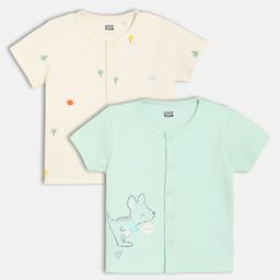 MINI KLUB Cotton Knit Pack Of 2 Half Sleeves Kangaroo & Trees Printed Jhablas - Off White & Sea Green-picture-46