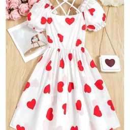 Bolly Lounge Cotton Blend Woven Half Puffed Sleeves Hearts Printed Smocked Dress - White-picture-46