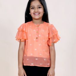 Kiddopanti Georgette Woven Half Layered Floral Embroidered Top - Coral-image-60