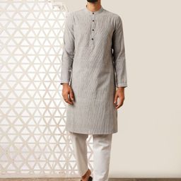 JAYPORE Striped Woven Design Band Collar Long Sleeves Pure Cotton Kurta-22