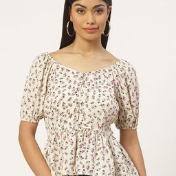 Slenor Floral Print Sweetheart Neck Puff Sleeves Georgette Peplum Top-image-98